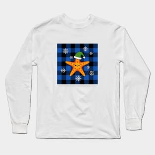 Kawaii Xmas Starfish on Blue Buffalo Pattern Long Sleeve T-Shirt